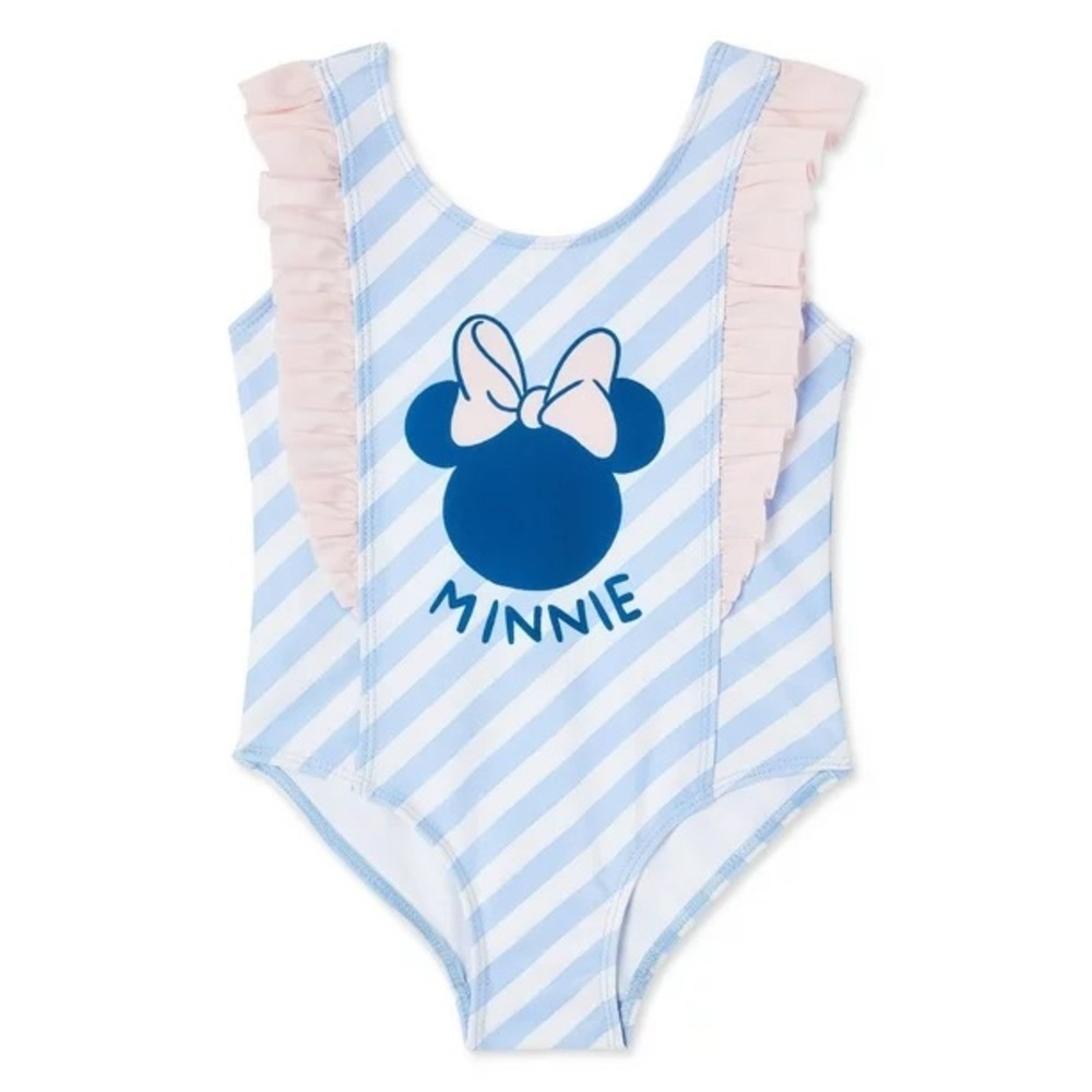 Minnie Mouse Baby Girl 1 Piece Ruffled Swimsuit, White/Blue/Pink